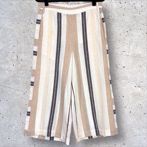 Anthropologie Crop Wide Leg Pants Linen Blend Women’s Medium Neutral Striped - Picture 1 of 9